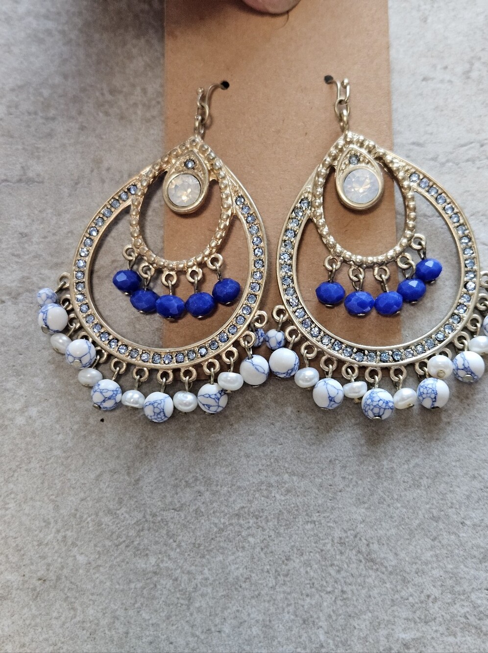 Gold Teardrop Dangle Earrings with Blue and White Beads